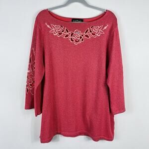 Bob Mackie Size XL Flower Embroidered Cutout Shimmer 3/4 Sleeve Sweater Pink